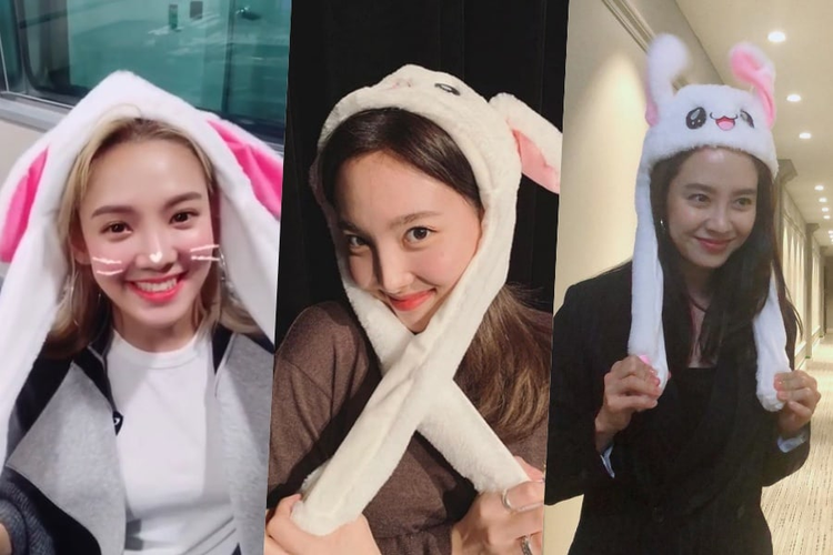 Topi telinga kelinci yang sedang menjadi tren di kalangan idola K-pop.
