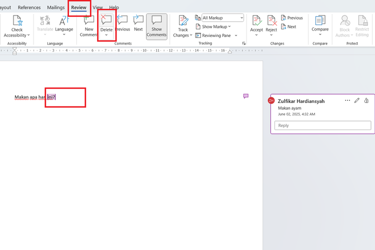 Ilustrasi cara menghapus komentar di Word.