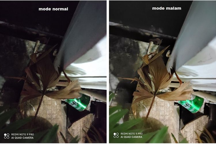 Perbandingan foto pada malam hari, masih menggunakan Redmi Note 9 Pro. Foto kanan meggunaan mode malam di mana warna lebih terlihat terang, sementara foto kiri menggunakan mode normal.