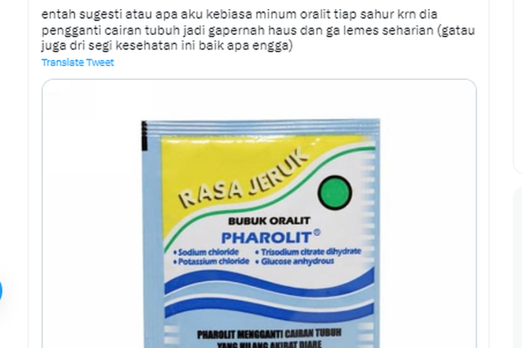 Tangkapan layar twit yang menyebut oralit bisa membantu tubuh menahan haus selama puasa