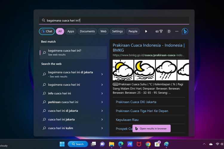 Ilustrasi tombol chatbot Bing yang ada di menu Start Windows 11.