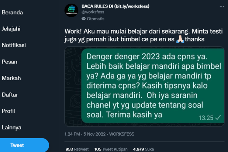 Tangkapan layar twit warganet yang mendengar kabar seleksi calon pegawai negeri sipil (CPNS) akan dibuka pada 2023.