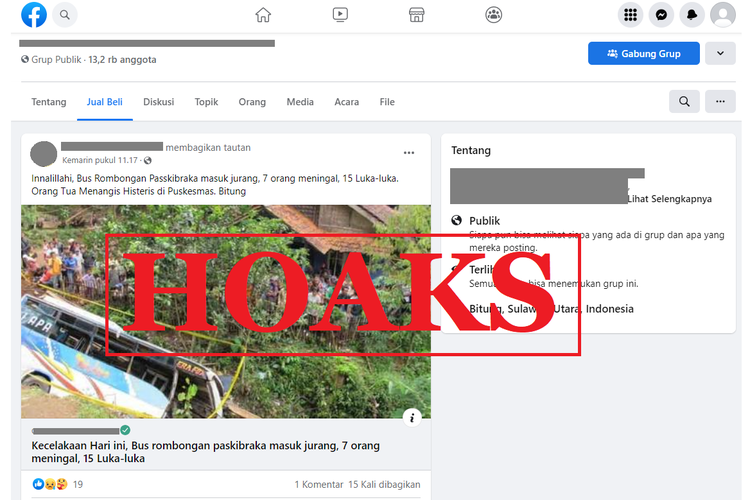 Tangkapan layar unggahan hoaks di sebuah akun Facebook, Kamis (18/8/2022), soal kecelakaan bus rombongan paskibraka yang mencatut berbagai daerah.