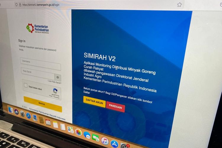 Halaman situs web Simirah 2.0 untuk melakukan pendaftaran penjual minyak goreng Rp 14.000.
