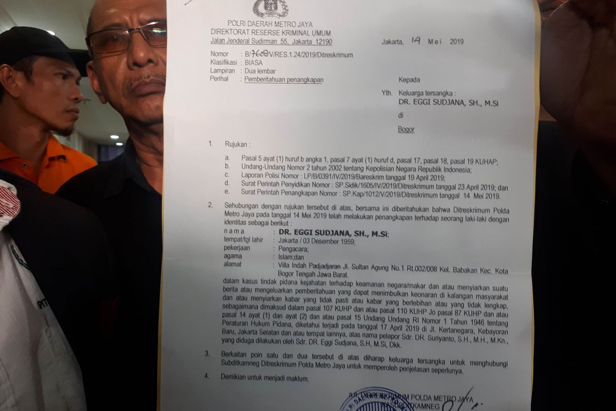 Surat penangkapan Eggi Sudjana yang diterbitkan Selasa (14/5/2019).