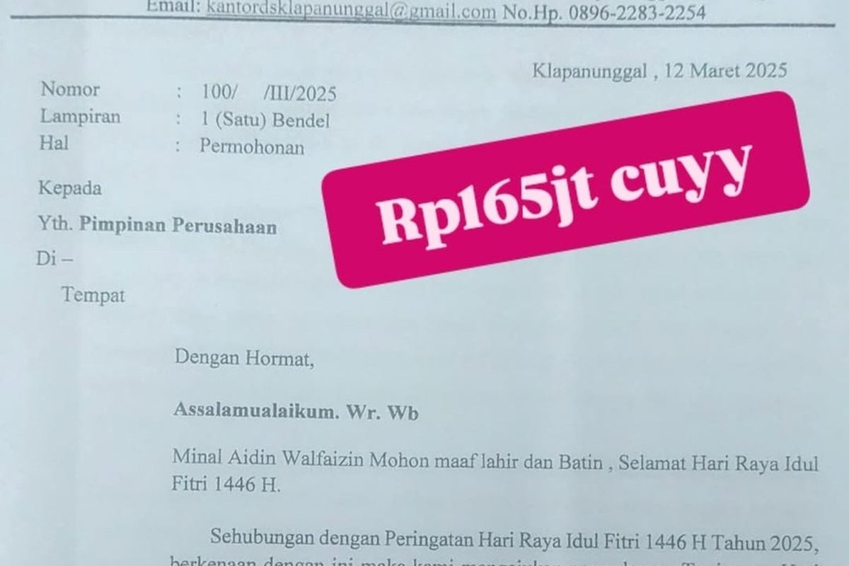 Sebuah foto diduga surat permintaan tunjangan hari raya (THR) kepada perusahaan atau pabrik di Klapanunggal, Kabupaten Bogor, Jawa Barat, viral di media sosial, Sabtu (29/3/2025).