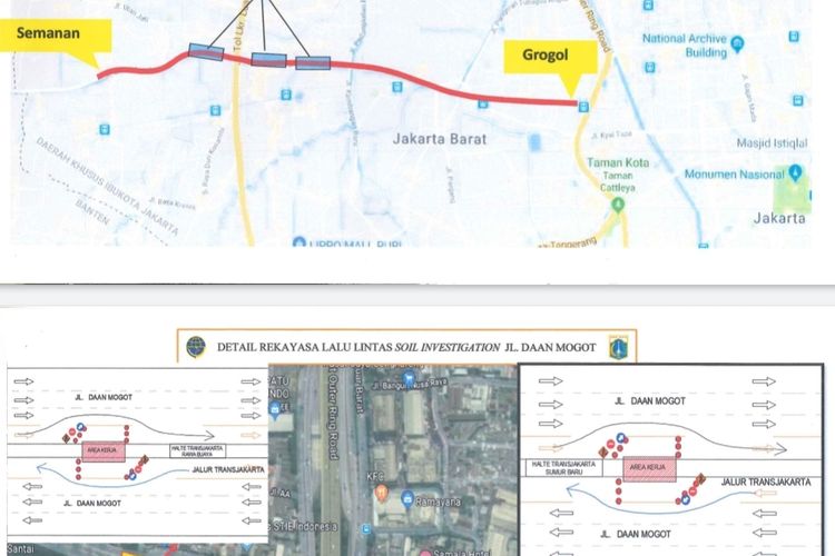 Rekayasa lalu lintas perihal adanya proyek pengerjaan awal pembangunan enam ruas Jalan Tol Dalam Kota seksi B jalur Semanan-Grogol, Jakarta Barat.