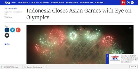 VOA News puji Asian Games di Indonesia melalui berita tanggal 2 September 2018.