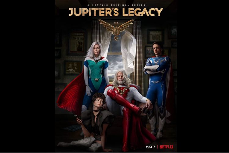 Leslie Bibb, Josh Duhamel, Andrew Horton, dan Elena Kampouris dalam serial Jupiter's Legacy (2021).