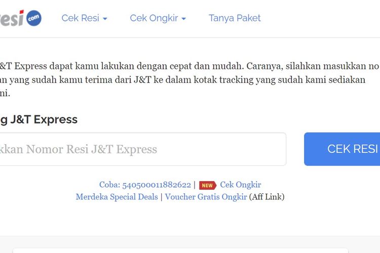 Cek resi J&T Express di laman Cekresi