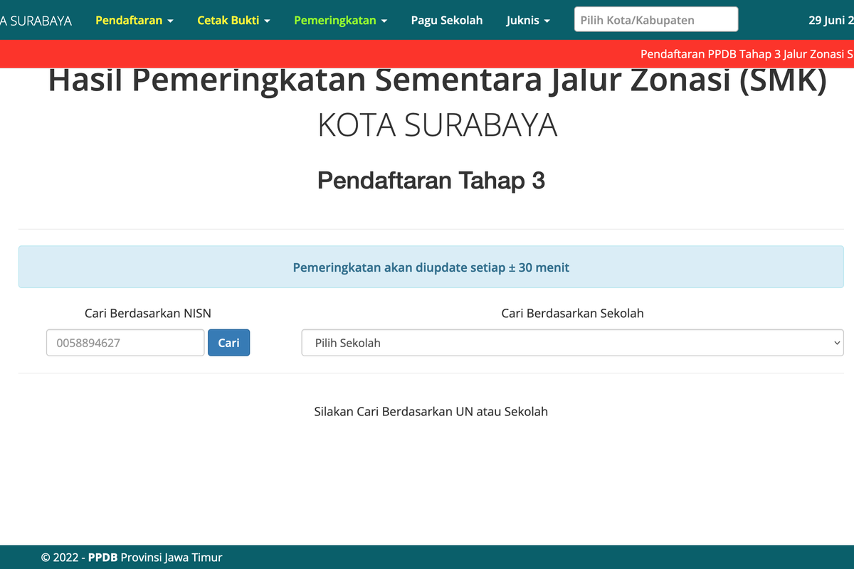 Halaman website ppdb.jatimprov.go.id untuk cek pengumuman PPDB Jatim 2022 tahap 3