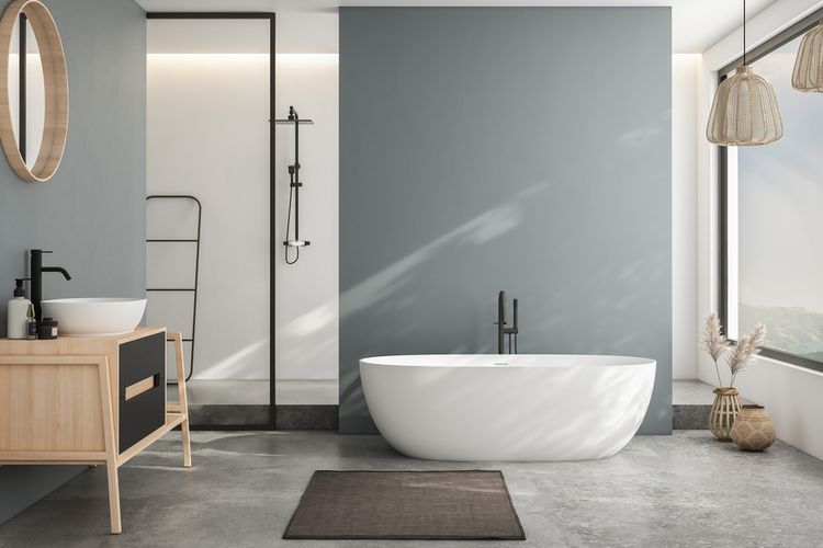 Ilustrasi kamar mandi bergaya minimalis. 