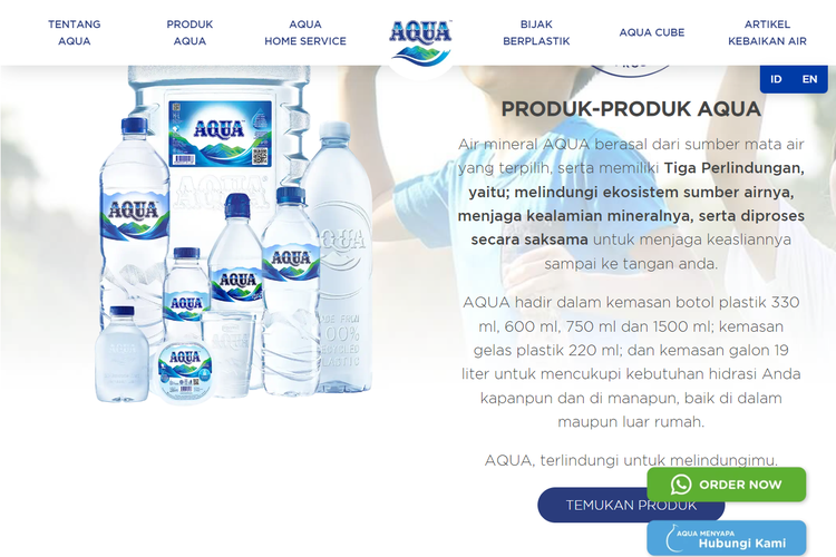 Tangkapan situs resmi produk air minum Aqua, menampilkan macam-macam kemasan air minum yang dijual.
