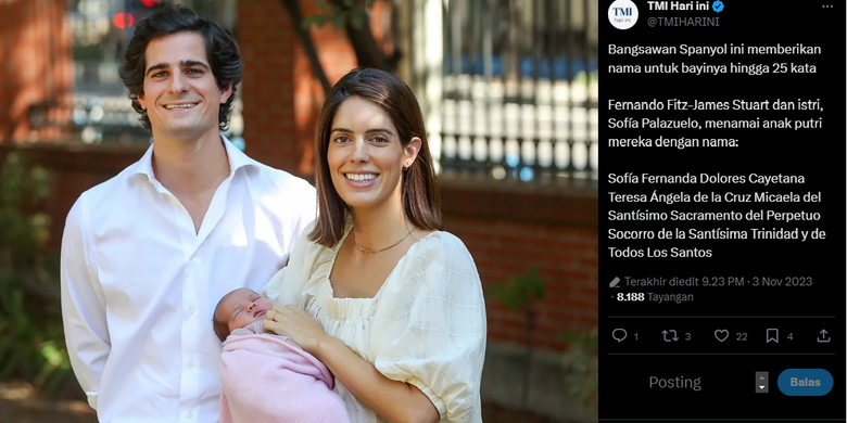 Fernando Fitz-James Stuart dan istrinya Sofía Palazuelo bersama anak perempuan Sofia yang punya nama terdiri dari 25 kata dan 157 huruf.