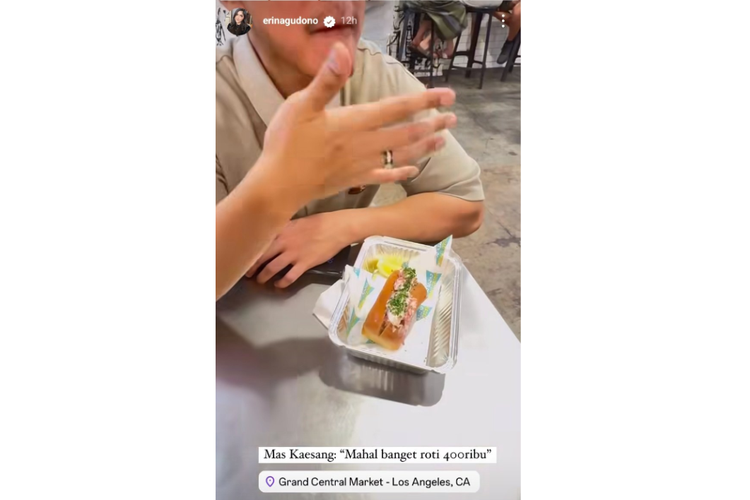 Tangkapan layar Instagram Story Erina Gudono memamerkan roti isi seharga Rp 400.000 yang dibeli di restoran Broad Street Oyster cabang Grand Central Market, Los Angeles, California, AS.