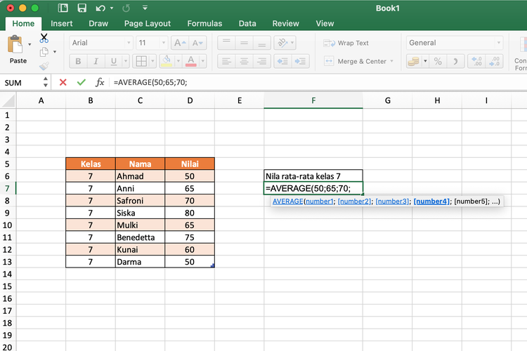 Ilustrasi cara menghitung rata-rata di Excel dengan memasukkan data secara manual.