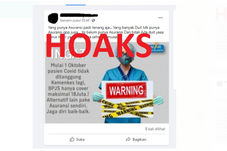 Tangkapan layar informasi yang menyebut Kemenkes tidak menanggung biaya pasien Covid-19 mulai 1 Oktober.