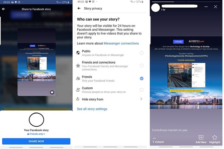 Cara membagikan WhatsApp Status ke Facebook Story. Konten di WhatsApp Status berupa gambar atau video akan langsung terunggah ke Facebook Story lengkap dengan keterangan teks atau caption.