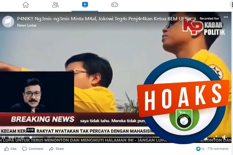 Tangkapan layar Facebook narasi yang menyebut Presiden Jokowi memenjarakan Ketua BEM UI