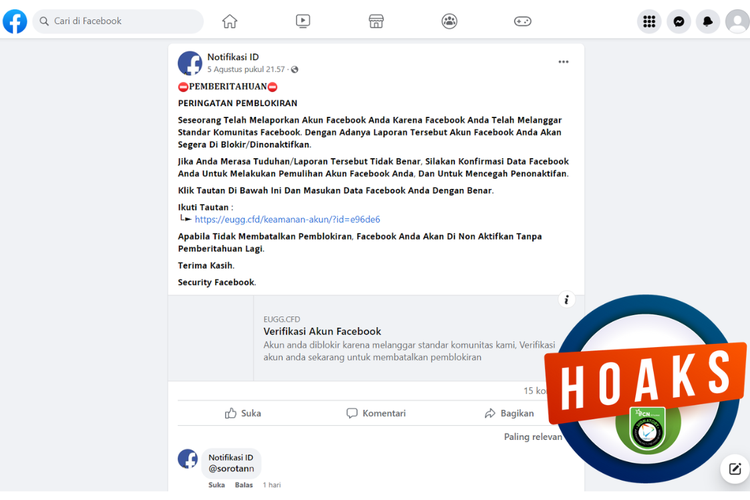 Tangkapan layar unggahan dengan narasi hoaks di sebuah akun Facebook, Sabtu (5/8/2023), soal informasi peringatan pemblokiran akun yang disebarkan oleh akun lain.