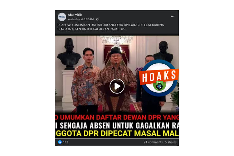 Hoaks, Prabowo umumkan pemecatan 200 anggota DPR RI