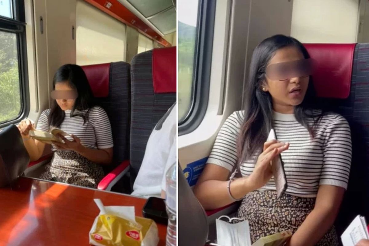 Penumpang wanita yang marah saat ditegur karena tak memakai masker, dalam perjalanan kereta api rute Taping ke Ipoh, Malaysia.