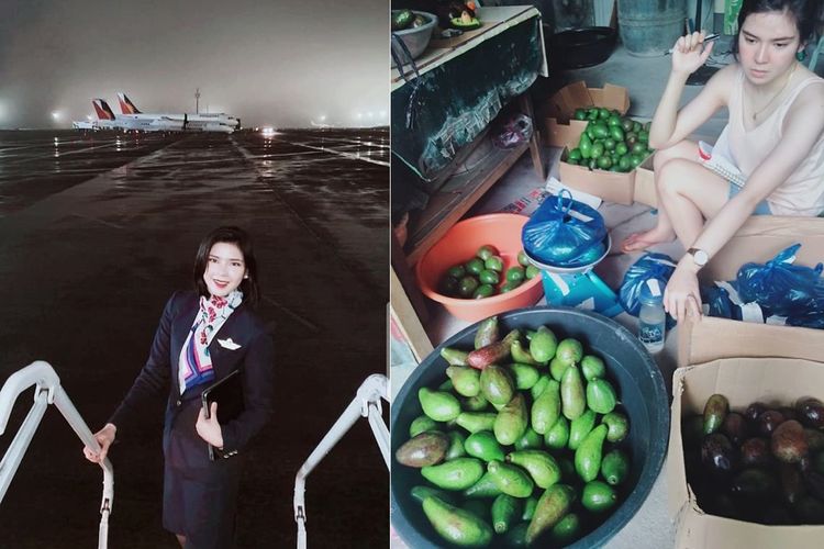 Kolase foto Marielle Enrique alias Em Enrique , seorang pramugari asal Filipina yang berjualan alpukat karena dipecat dari perusahaan tempat dia bekerja.(Facebook via Business News Philipphine)
