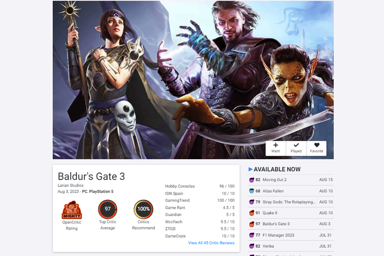 Baldur's Gate 3 menjadi game keluaran 2023 dengan skor tertinggi di OpenCritic