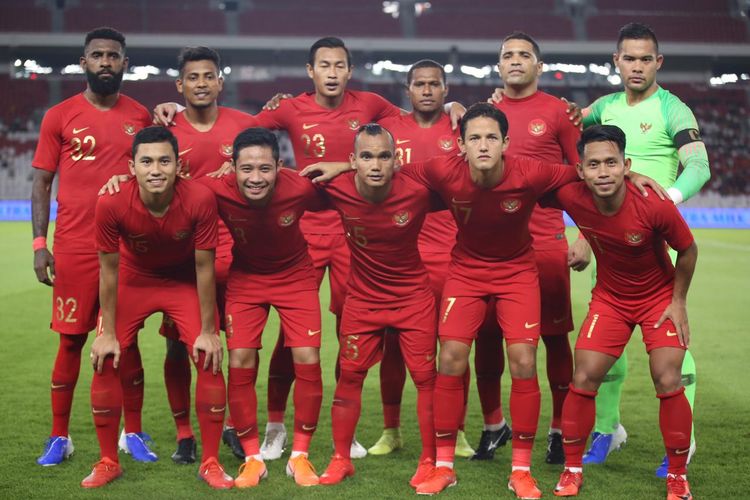 Skuad Timnas Indonesia dalam pertandingan persahabatan melawan Vanuatu di Stadion Gelora Bung Karno, Jakarta, Sabtu (15/6/2019).