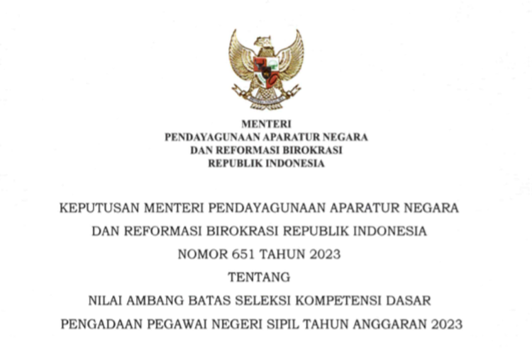 Keputusan Menteri (Kepmen) No. 651 Tahun 2023 Kemenpan RB tentang Nilai Ambang Batas Seleksi Kompetensi Dasar Pengadaan Pegawai Negeri Sipil Tahun Anggaran 2023.