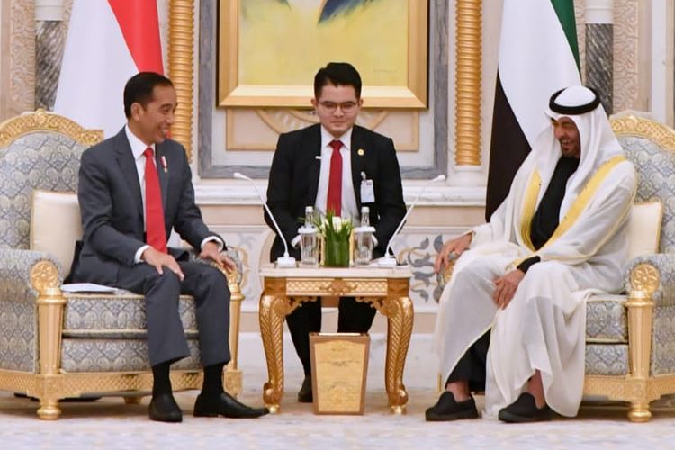 President Joko Widodo (left) holds a bilateral meeting with Sheikh Mohammed bin Zayed Al Nahyan (right), crown prince of Abu Dhabi and deputy supreme commander of the UAE Armed Forces in Qasr Al Watan in Abu Dhabi on January 12, 2020. 