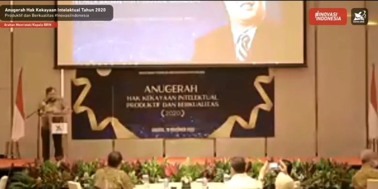 Menristek Bambang Brodjonegoro saat memberikan sambutan dalam acara Anugerah Hak Kekayaan Intelektual Produktif dan Berkualitas.