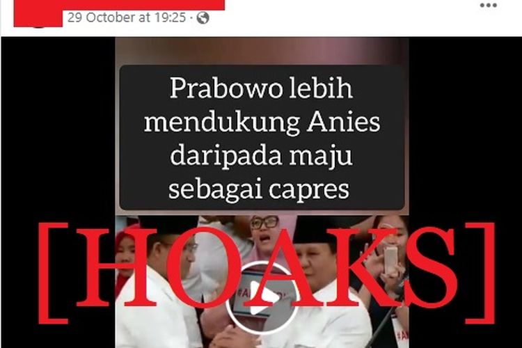 Tangkapan layar Facebook narasi yang menyebut bahwa Prabowo Subianto mendukung Anies Baswedan sebagai Capres