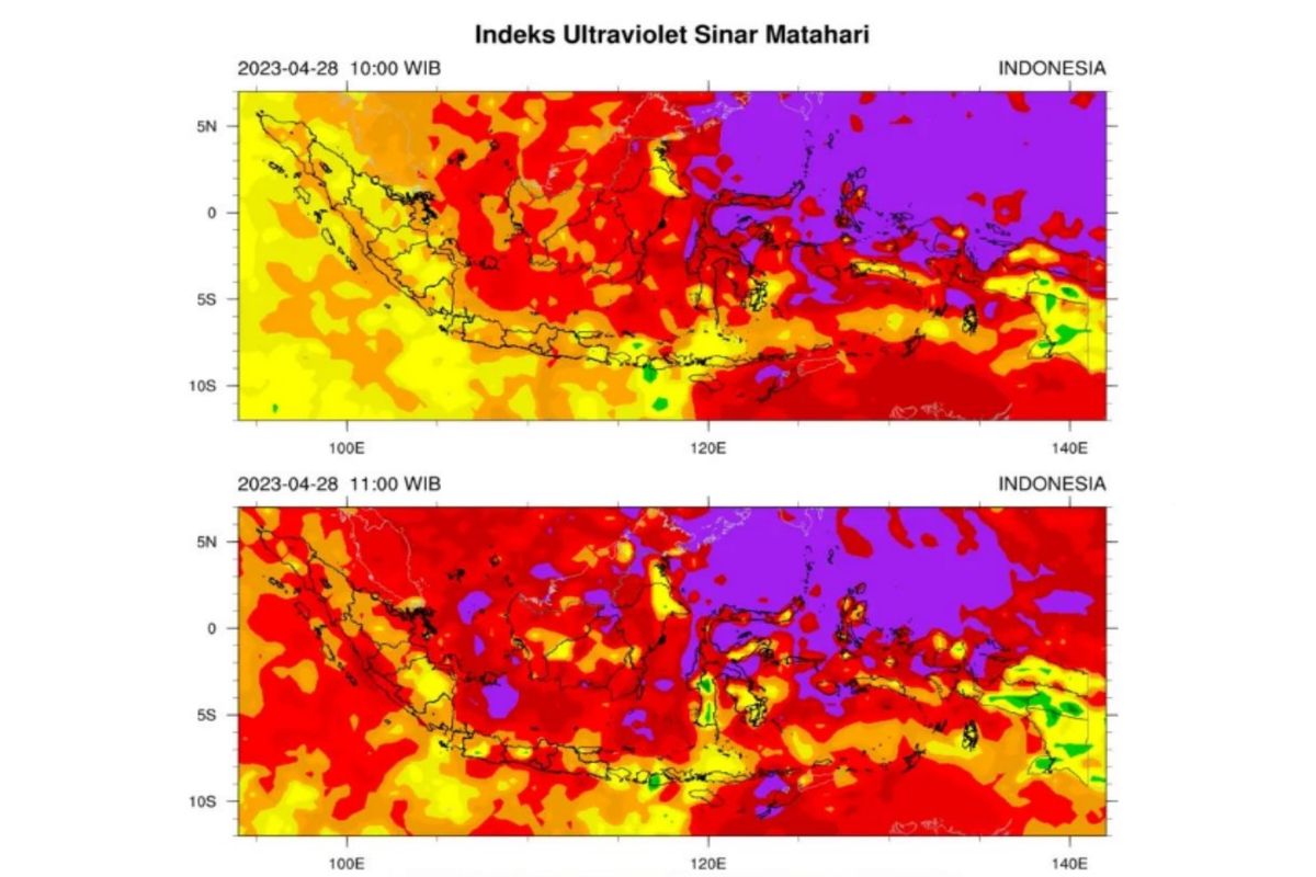 Indeks Sinar UV BMKG 28 April 2023. Indeks sinar ultraviolet wilayah Indonesia, warna kuning menunjukkann risiko bahaya sedang (Moderate) oranye menunjukkan risiko bahaya tinggi (HIGH), merah menunjukkan risiko bahaya sangat tinggi (Very High) dan ungu menunjukkan risiko ekstrem (Extreme).