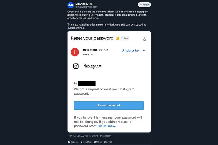 Tampilan notifikasi email yang diduga akibat kebocoran data akun Instagram di dark web. Temuan ini dilaporkan perusahaan software antivirus, Malwarebytes