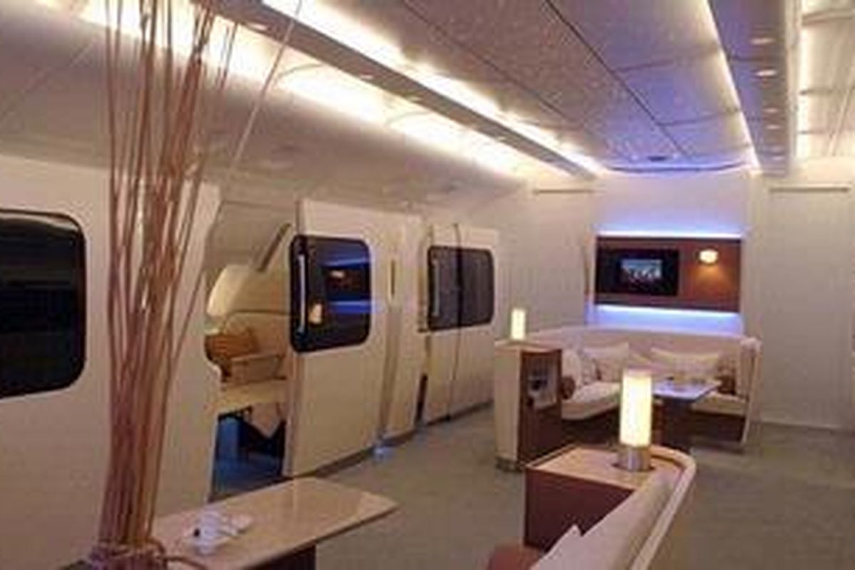 The interior was designed by Marc Newson and includes leather seating, LCD touch panels, plants and sheepskin-covered beds  