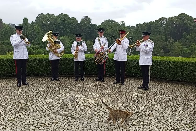 Rayakan Ulang Tahun Raja Charles III di Kebun Raya Bogor, drum band militer Inggris tampil bersama siswa SDN Polisi 1, Kota Bogor, Jawa Barat, Selasa (6/6/2023)