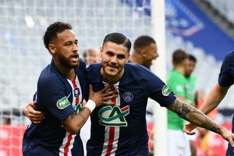 Neymar merayakan gol bersama Mauro Icardi dalam laga PSG vs Saint-Etienne pada final Coupe de France yang digelar di Stadion Stade de France, Saint-Denis, Paris, Sabtu (25/7/2020) dini hari WIB.