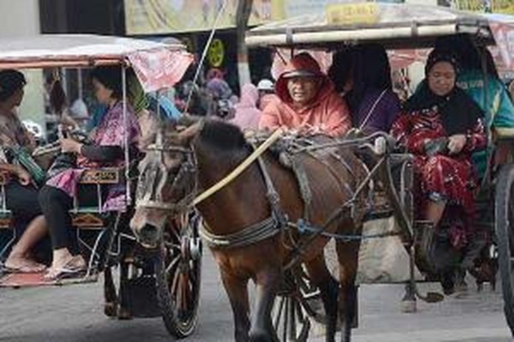 Dokar melintas di salah satu sudut kota Wonosobo, Kabupaten Wonosobo, Jawa Tengah, Jumat (5/4/2013). Dokar sebagai angkutan tradisional masih bertahan sebagai transportasi umum di tengah modernisasi sebuah kota.