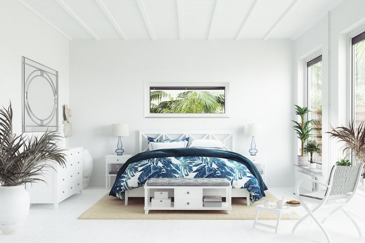 Ilustrasi kamar tidur dengan desain interior pantai.