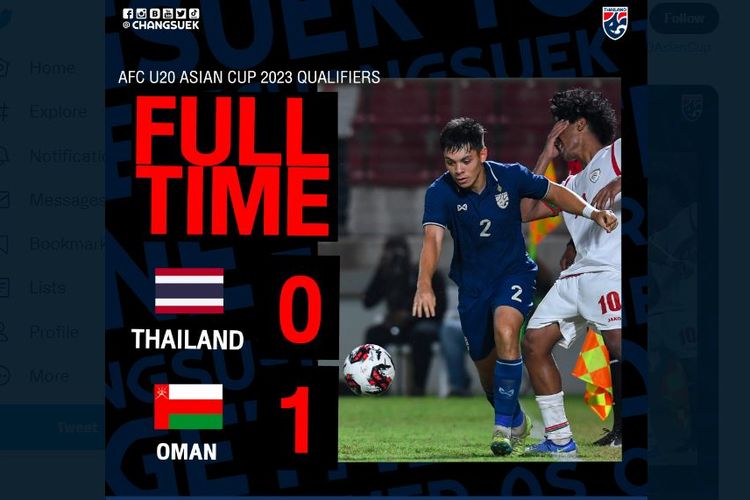 Hasil Oman vs Thailand pada Kualifikasi Piala Asia U20 2023. Thailand terancam gagal lolos ke putaran final Piala Asia U20 2023 di Uzbekistan setelah hanya sanggup menjadi runner-up Grup G. (Sumber foto: Tangkapan layar Twitter Thailand National Football Team/@Changsuek_TH)