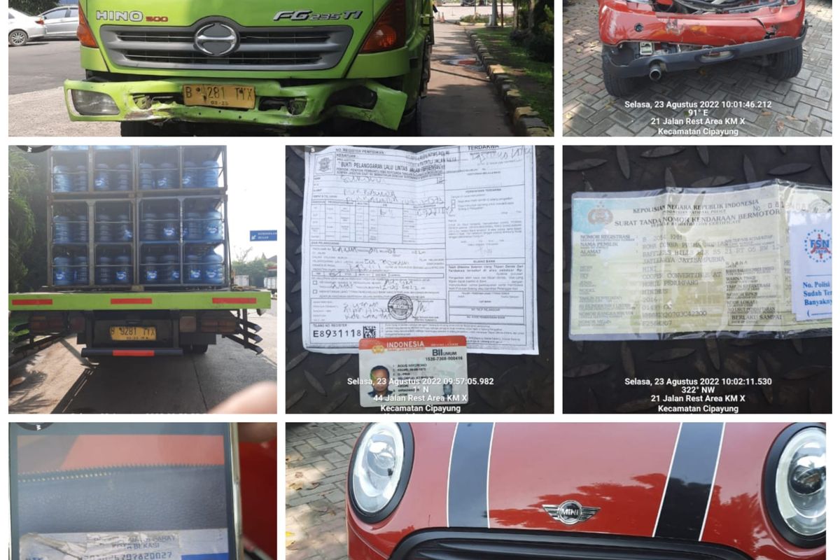 Kecelakaan melibatkan mobil mini cooper bernomor polisi B 2054 KMM dengan truk di Tol Jagorawi KM 10A arah Bogor, wilayah Cipayung, Jakarta Timur, Selasa (23/8/2022) pagi.