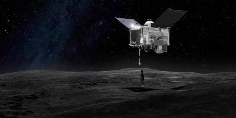 Ilustrasi pendaratan wahana OSIRIS-REx di permukaan asteroid Bennu. Wahana berbobot 2 ton itu akan mengambil sampel debu asteroid untuk mengungkap asal-usul tata surya.