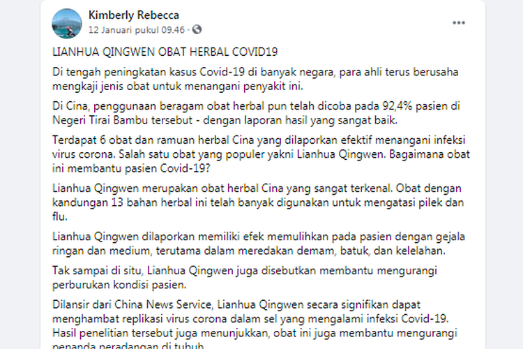 Hoaks Lianhua Qingwen Obat Herbal Digunakan Sebagai Obat Covid 19 Halaman All Kompas Com