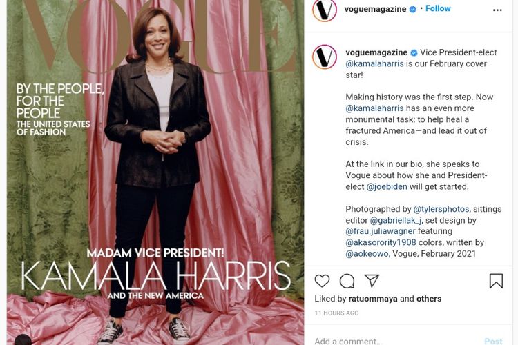 Tampilan Wakil Presiden terpilih AS, Kamala Harris, pada sampul majalah Vogue edisi Februari 2021.