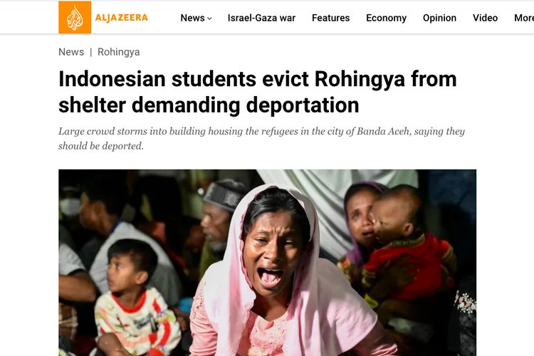 Tangkapan layar berita Aljazeera soal pengusiran pengungsi Rohingnya di Aceh. 