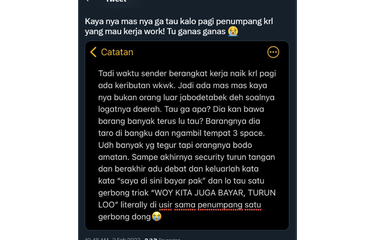Tangkapan layar twit berisi cerita penumpang KRL Jabodetabek mengetahui adanya penumpang lain yang membawa banyak barang bawaan dan diletakkan tidak pada tempatnya.