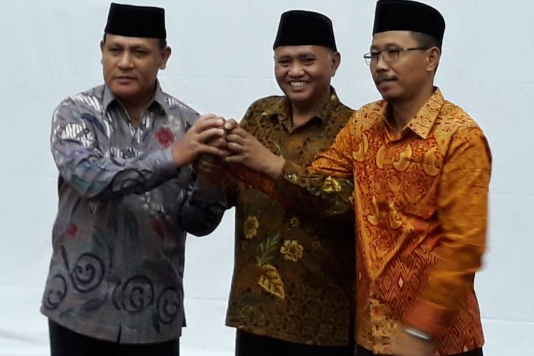 Deputi Penindakan Brigjen (Pol) Firli, Ketua KPK Agus Rahardjo dan Direktur Penuntutan Supardi di Gedung KPK Jakarta, Jumat (6/4/2018).