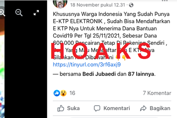 Hoaks! Informasi yang menyebutkan bahwa pemilik e-KTP bosa mendaftar untuk mendapatkan bantuan Rp 600.000.