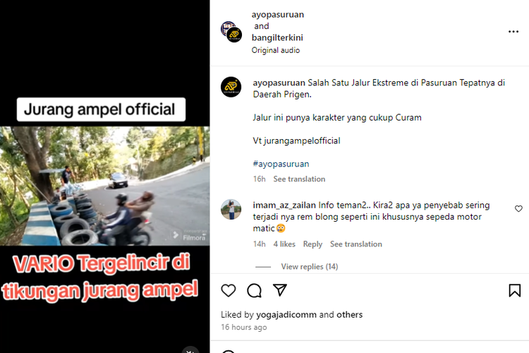 Sepeda motor matik alami rem blong di jalur Jurang Ampel yang terletak di Desa Lumbangrejo, Kecamatan Prigen, Kabupaten Pasuruan, Jawa Timur.
